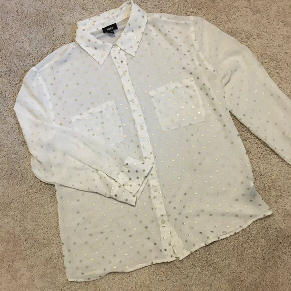 Wassaio White Sheer Gold Polka Dot Disco Button Down Dress Shirt - Picture 9 of 16
